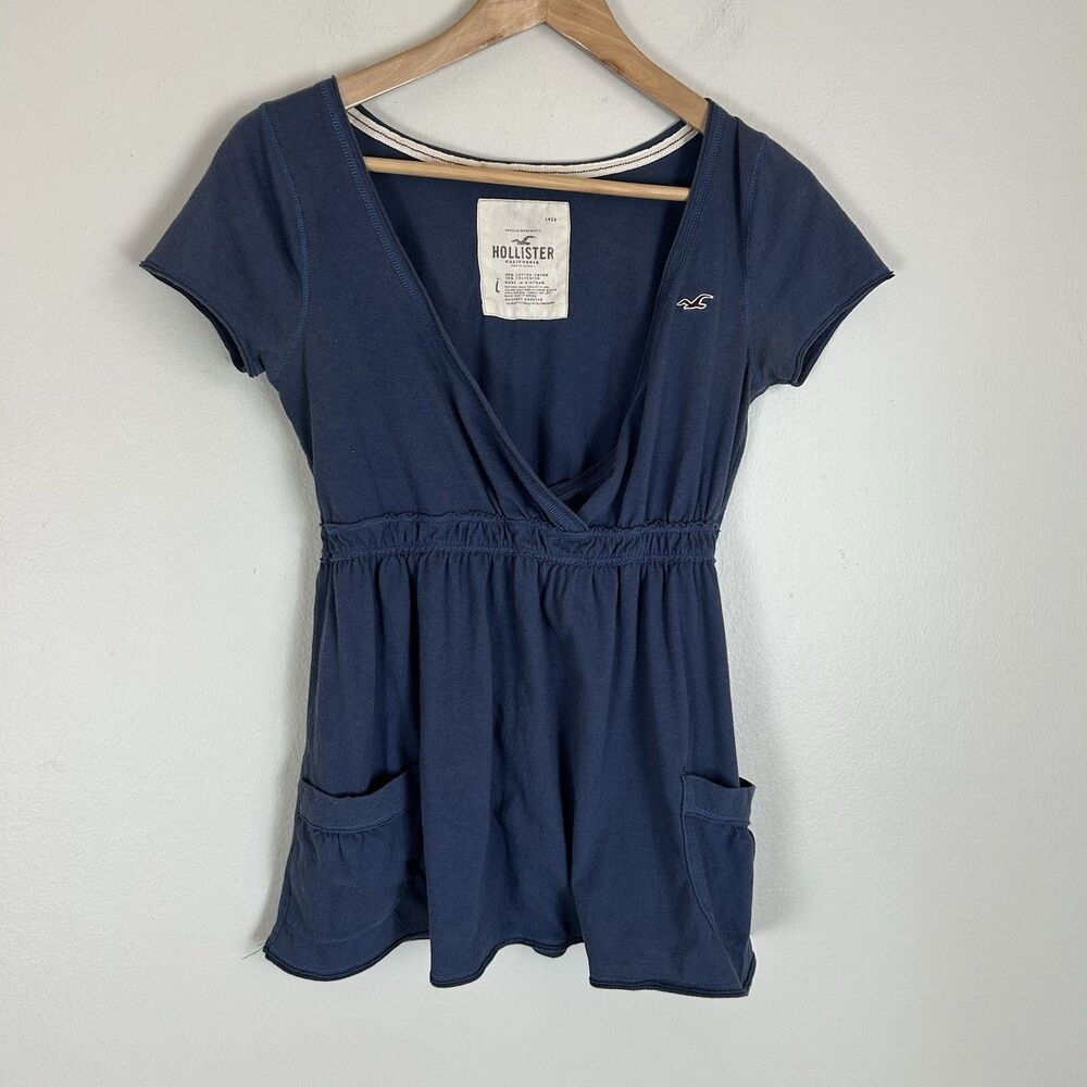 Y2K Hollister Babydoll Top Pocket Cap Sleeve V Neck Blue Womens L Vintage Boho